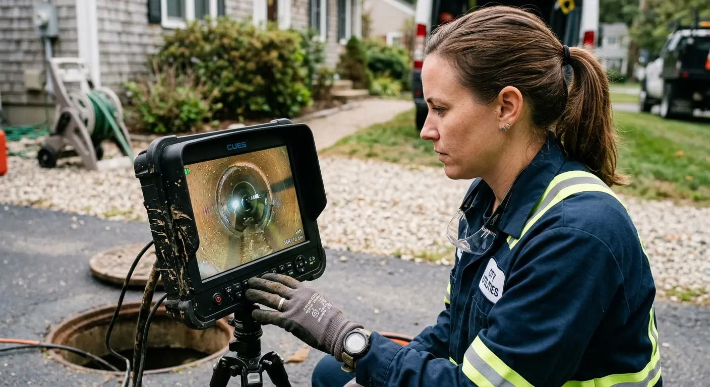Technician reviewing sewer camera inspection footage in Valley City