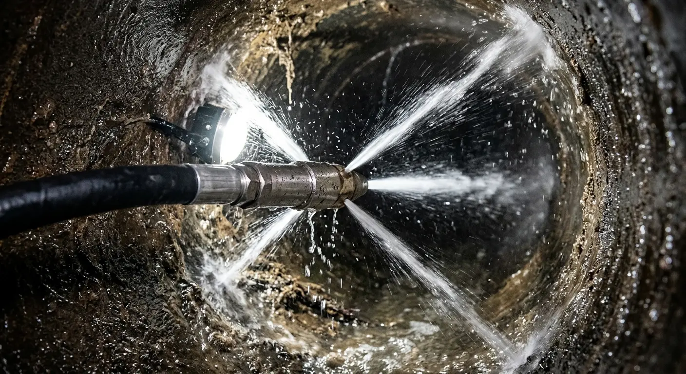High-pressure hydro jetting nozzle cleaning sewer pipe for Sewer Cleanout in Valley City