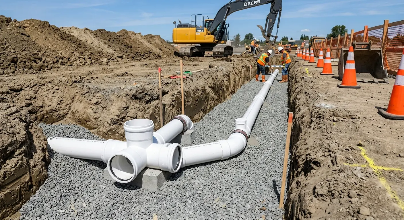 New PVC sewer pipe installation in open trench for Commercial Drain Cleaning in Valley City